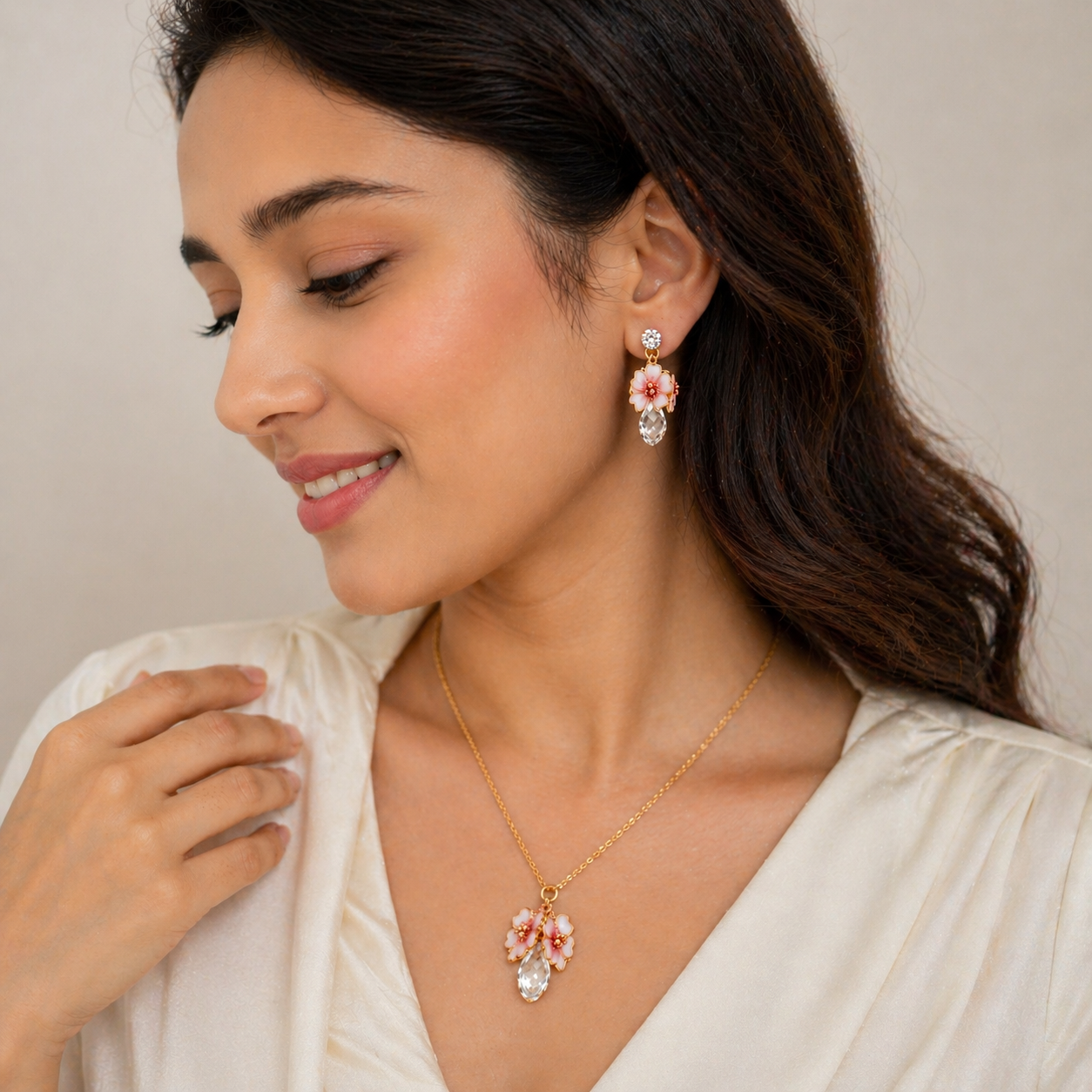Cherry-Blossom Pendant & Stud